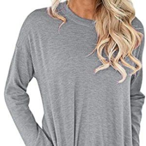 Women Casual Round Neck Long Sleeve Fit Tunic Top Baggy Comfy Blouse with Pocket